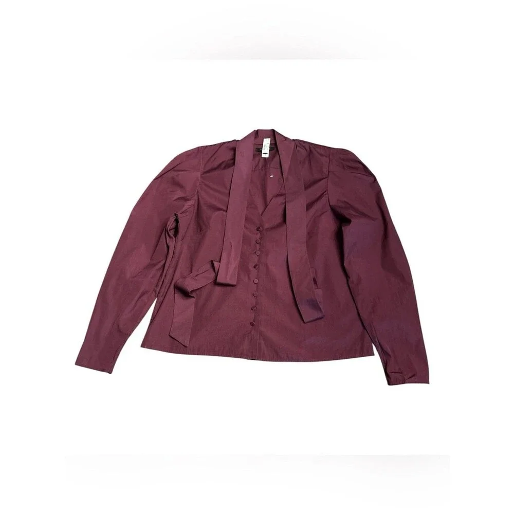 Madewell V-Neck Button-Front Top puff long sleeve burgundy Women’s Size XXS NWT
